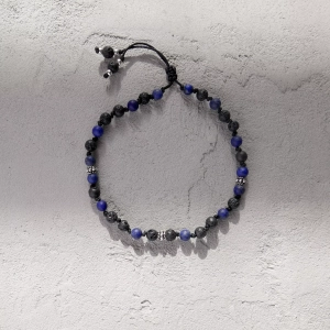 Bransoletka męska na sznurku lapis lazuli i lawa wulkaniczna  no. 445