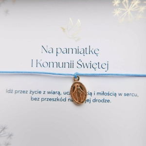 Bransoletka z pozłacanym medalikiem Maryi na niebieskim sznurku